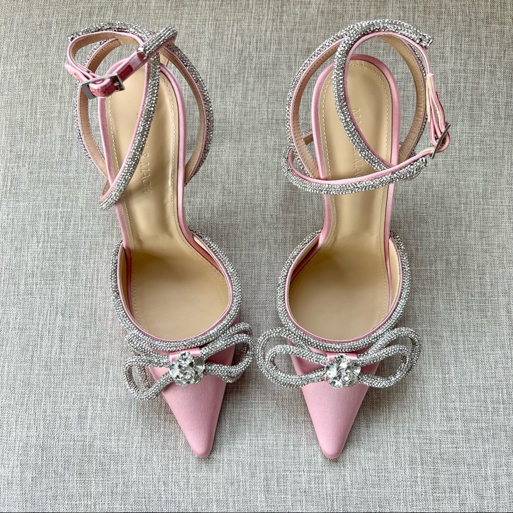 Mach & Mach Pink Double Bow Crystal-Embellished Satin Pumps Size 40 IT BRAND NEW